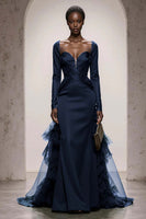 Load image into Gallery viewer, Dark Green Satin Sweetheart Mermaid Long Sleeves Formal Dress with Ruffles