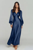 Load image into Gallery viewer, Champagne Satin V-Neck Backless Long Sleeves Evening Dress