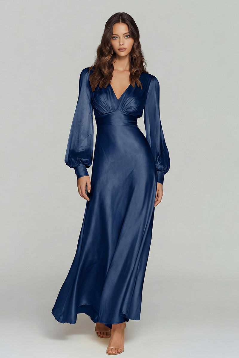 Load image into Gallery viewer, Champagne Satin V-Neck Backless Long Sleeves Evening Dress