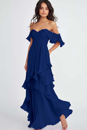 Lilac Off the Shoulder Ruffled Long Formal Dress