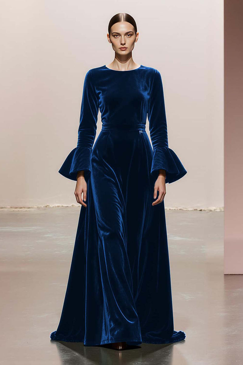 Load image into Gallery viewer, Dark Green Round Neck A Line Velvet Long Formal Dress with Sleeves