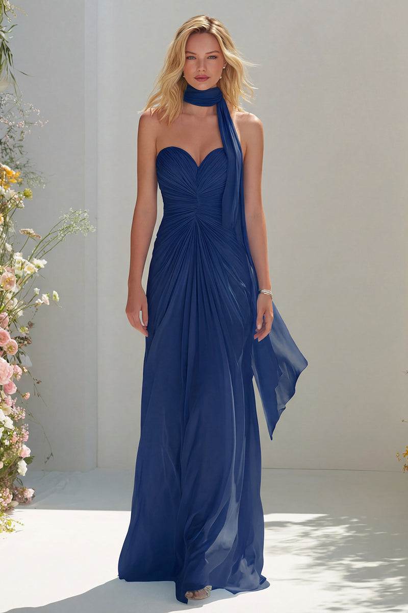 Load image into Gallery viewer, Sky Blue A Line Ruched Neck Scarf Sweetheart Long Prom Dress