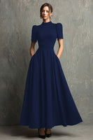 Load image into Gallery viewer, Black Short Sleeves A-Line High Neck Long Formal Dress with Pockets