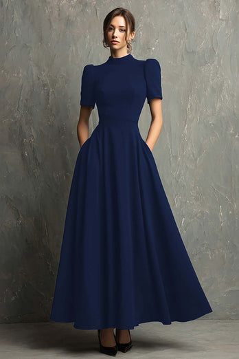 Black Short Sleeves A-Line High Neck Long Formal Dress with Pockets