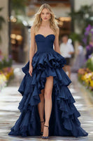 Load image into Gallery viewer, Dark Blue Ruffled Strapless High Low Prom Dress