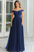 Load image into Gallery viewer, Floral Off the Shoulder Navy Mother of the Bride Dress