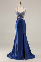 Load image into Gallery viewer, Sparkly Pink Mermaid Long Corset Prom Dress with Slit