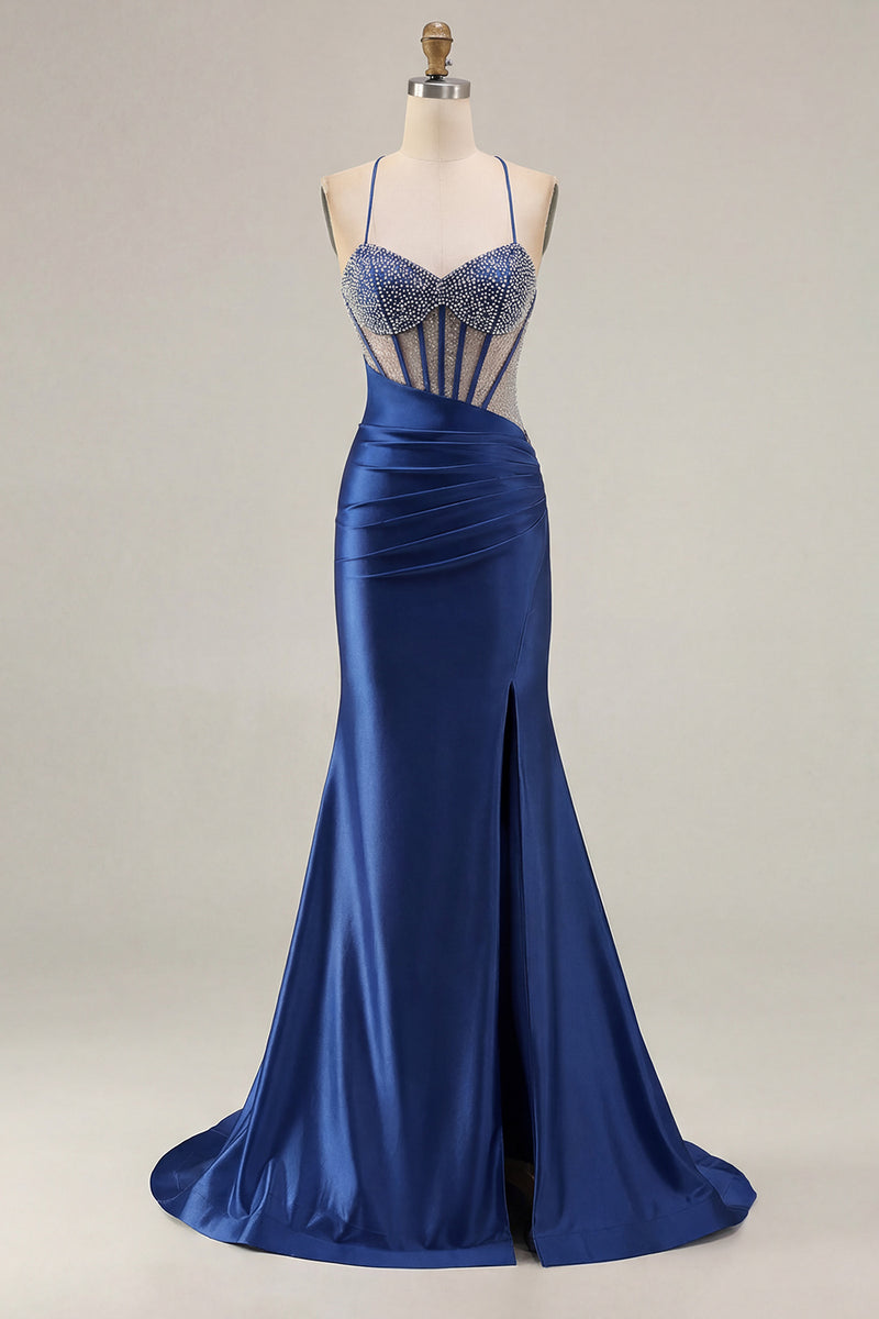Load image into Gallery viewer, Sparkly Pink Mermaid Long Corset Prom Dress with Slit