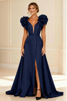 Load image into Gallery viewer, Black V-Neck A-Line Long Mother of the Bride Dress with Ruffles