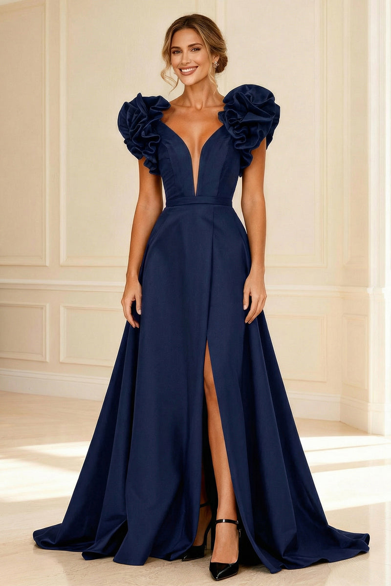 Load image into Gallery viewer, Black V-Neck A-Line Long Mother of the Bride Dress with Ruffles