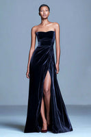 Load image into Gallery viewer, Burgundy Velvet Long Strapless Holiday Party Dress with Slit