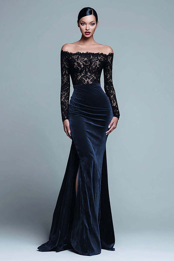 Black and Burgundy Velvet Mermaid Long Sleeves Holiday Party Dress with Lace