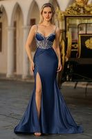 Load image into Gallery viewer, Plus Size Sparkly Dusty Blue Satin Beaded Long Corset Prom Dress with Slit
