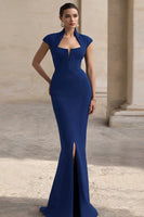 Load image into Gallery viewer, Black Mermaid Square Neck Cap Sleeves Long Formal Dress with Slit