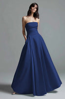 Load image into Gallery viewer, Sky Blue Satin Ruched Strapless A Line Long Formal Dress