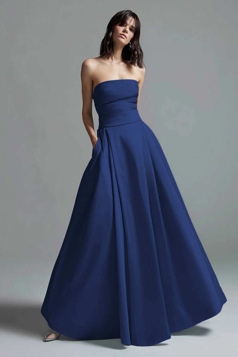 Load image into Gallery viewer, Sky Blue Satin Ruched Strapless A Line Long Formal Dress