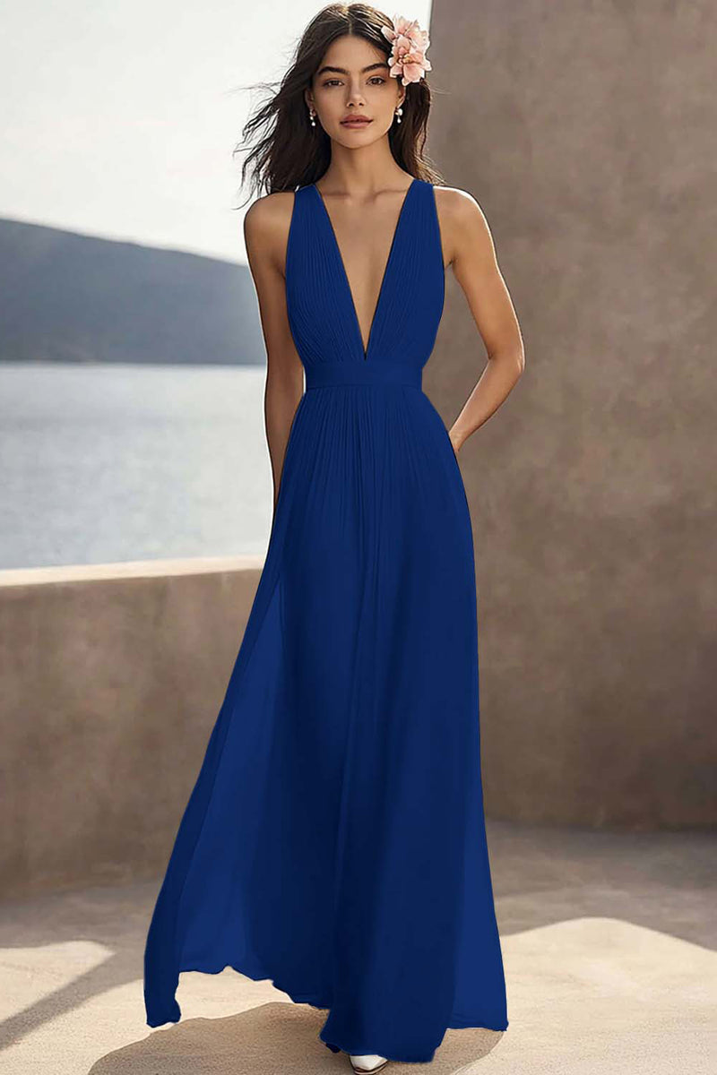 Load image into Gallery viewer, Chiffon Ivory Deep V-Neck Ruched Beach Maxi Engagement Dress