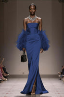 Load image into Gallery viewer, Silver Satin Mermaid Strapless Long Formal Dress with Slit