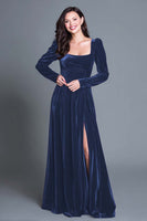 Load image into Gallery viewer, Plum A-Line Long Sleeves Velvet Holiday Party Dress with Slit