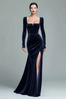 Load image into Gallery viewer, Dark Green Square Neck Velvet Long Holiday Party Dress with Slit