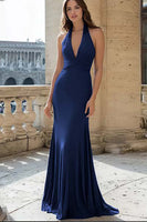 Load image into Gallery viewer, Navy Halter Mermaid Ruched Long Formal Dress