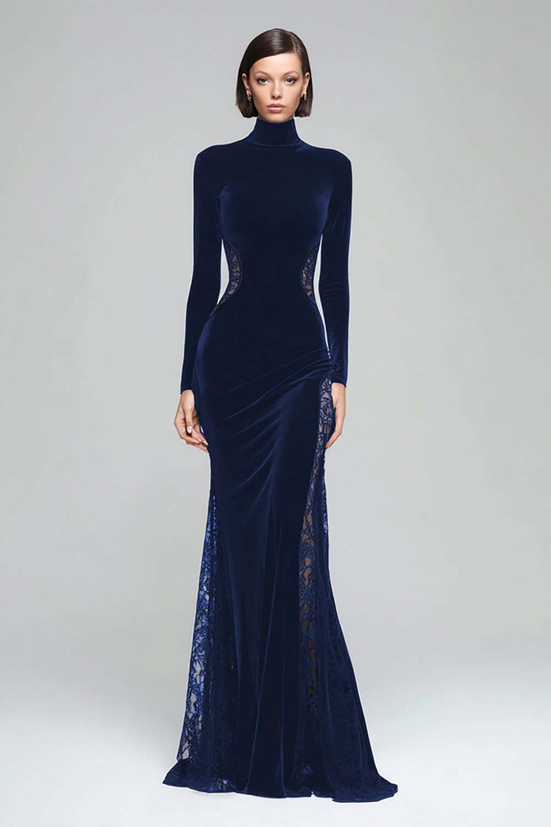 Load image into Gallery viewer, Black Velvet Mermaid High Neck Maxi Formal Dress with Lace