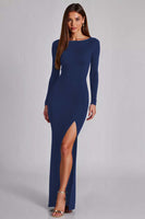 Load image into Gallery viewer, Black Long Sleeves Cut Out Jersey Formal Dress with Slit