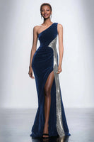 Load image into Gallery viewer, Black Velvet One Shoulder Mermaid Maxi Holiday Party Dress with Sequins