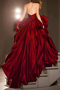 Dark Red Sweetheart Ball Gown Ruffled Long Pageant Dress with Slit