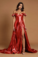 Load image into Gallery viewer, Golden A Line Metallic Ruffled Maxi Prom Dress with Slit
