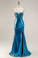 Load image into Gallery viewer, Sparkly Golden Metallic Mermaid Long Corset Prom Dress with Slit