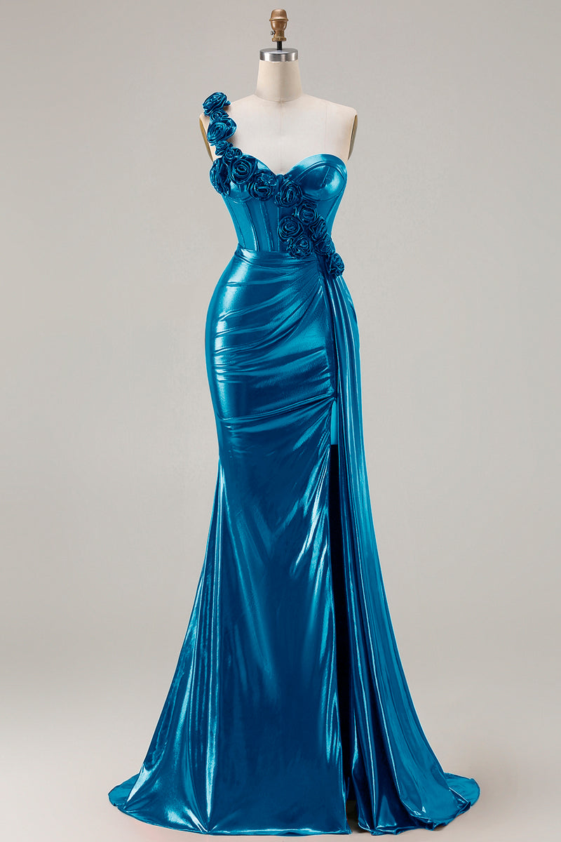 Load image into Gallery viewer, Sparkly Red Ruched Metallic Long Corset Prom Dress with 3D Flowers