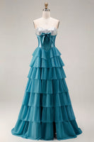 Load image into Gallery viewer, Pink Ruffled Sequin Long Corset Prom Dress with Bow