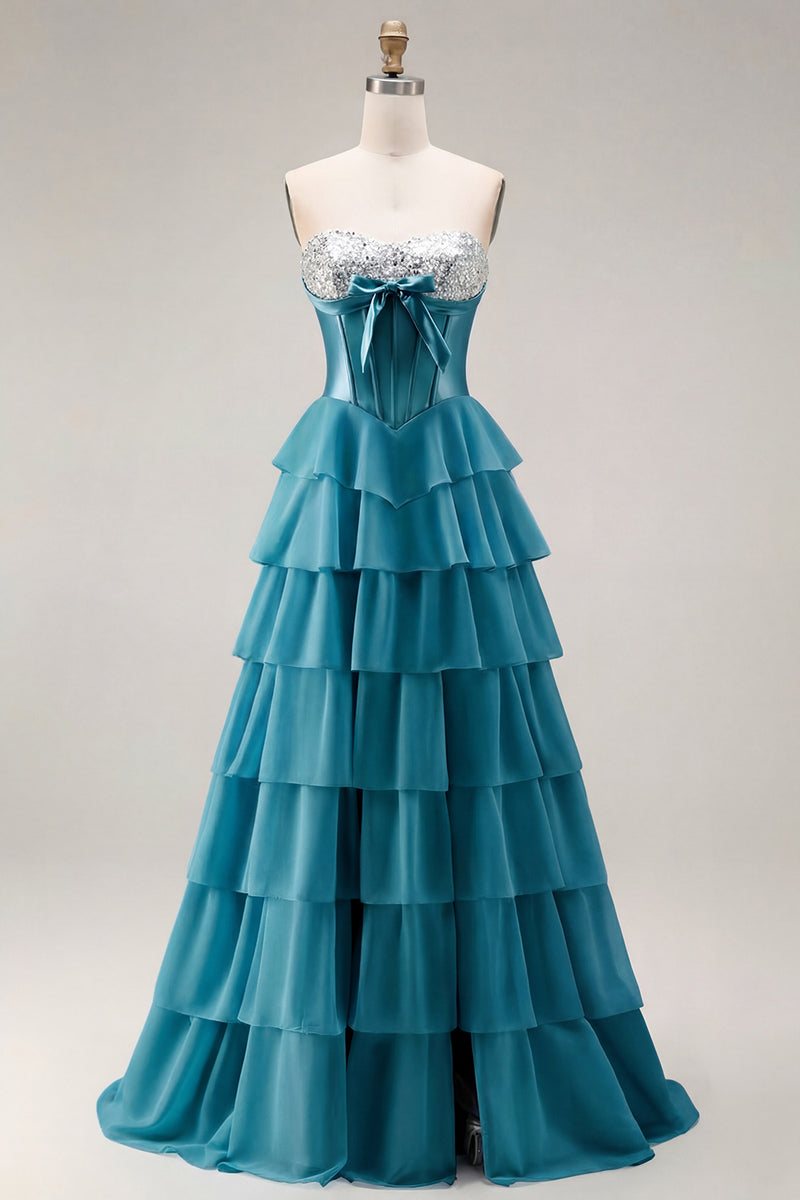 Load image into Gallery viewer, Pink Ruffled Sequin Long Corset Prom Dress with Bow