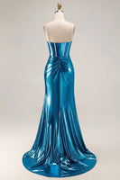 Load image into Gallery viewer, Sparkly Golden Metallic Mermaid Long Corset Prom Dress with Slit