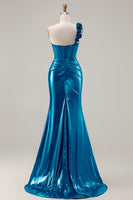 Load image into Gallery viewer, Sparkly Red Ruched Metallic Long Corset Prom Dress with 3D Flowers