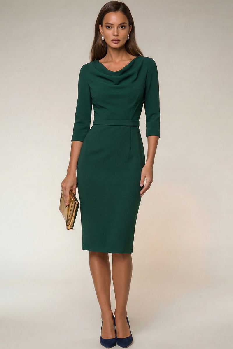 Load image into Gallery viewer, Navy Cowl Neck Pencil Midi Work Dress