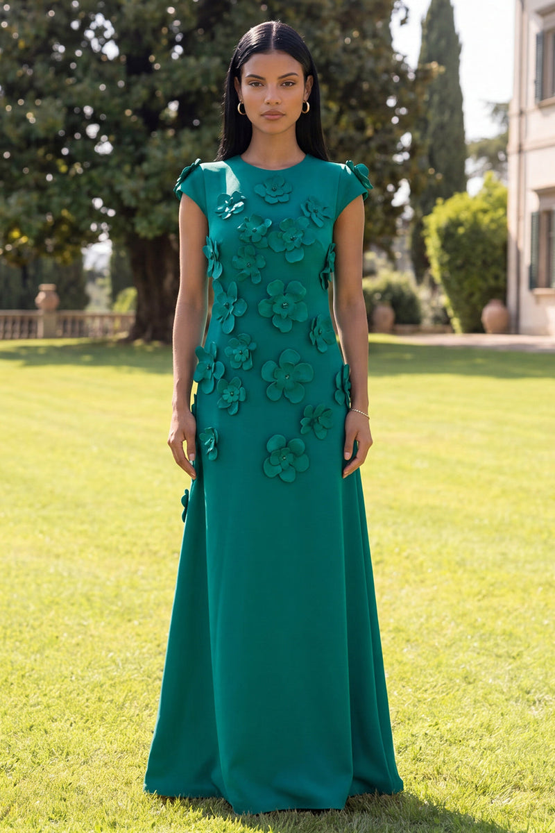 Load image into Gallery viewer, Black Floral A Line Round Neck Long Formal Dress with Sleeves