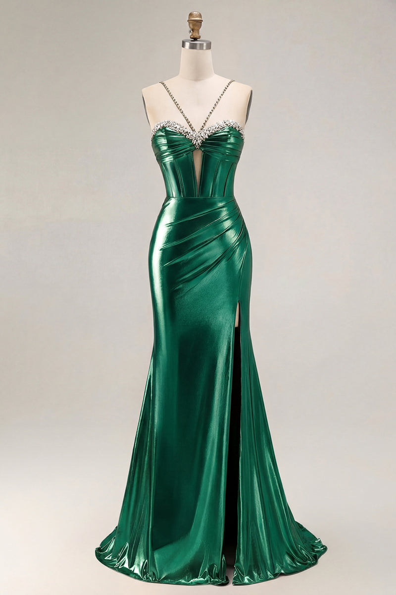 Load image into Gallery viewer, Sparkly Golden Metallic Mermaid Long Corset Prom Dress with Slit