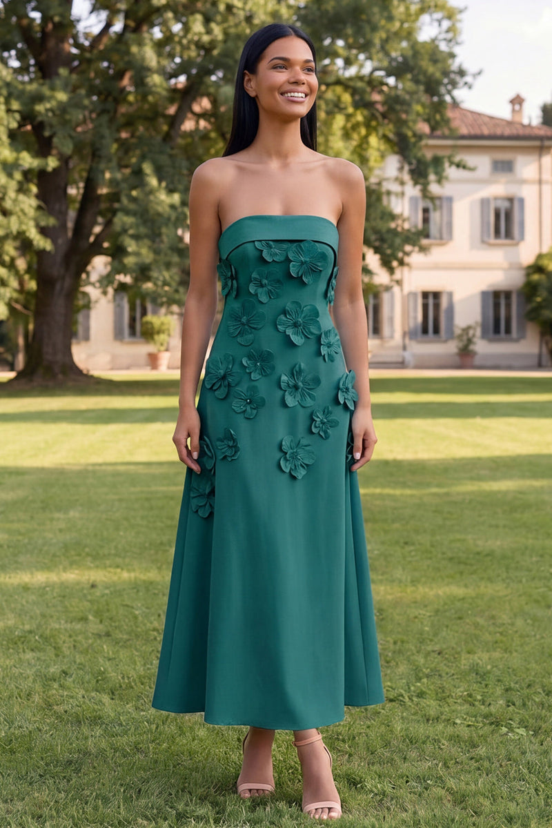 Load image into Gallery viewer, Blue A Line Floral Strapless Maxi Formal Dress