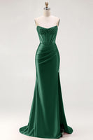 Load image into Gallery viewer, Sparkly Red Mermaid Satin Beaded Long Corset Prom Dress with Slit