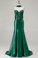 Load image into Gallery viewer, Blue Satin Sweetheart Mermaid Long Corset Prom Dress