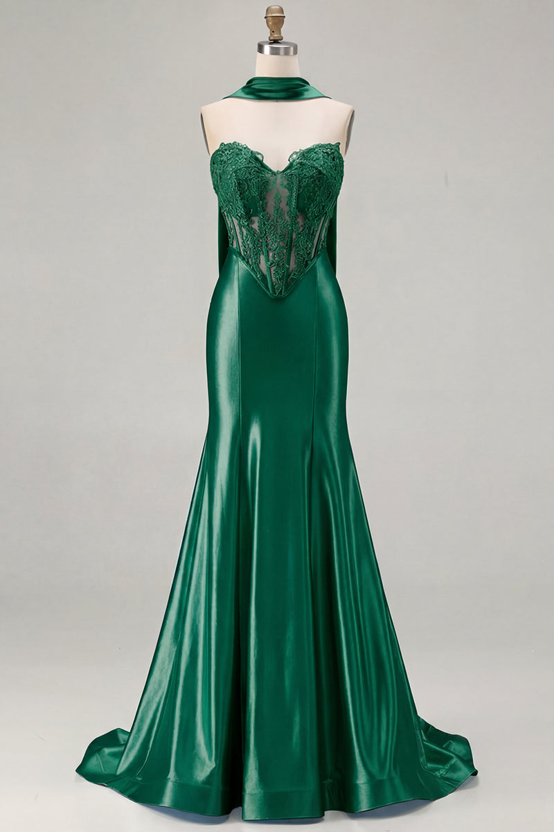 Load image into Gallery viewer, Blue Satin Sweetheart Mermaid Long Corset Prom Dress
