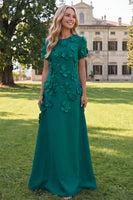 Load image into Gallery viewer, Round Neck Blue Floral A Line Long Formal Dress with Sleeves