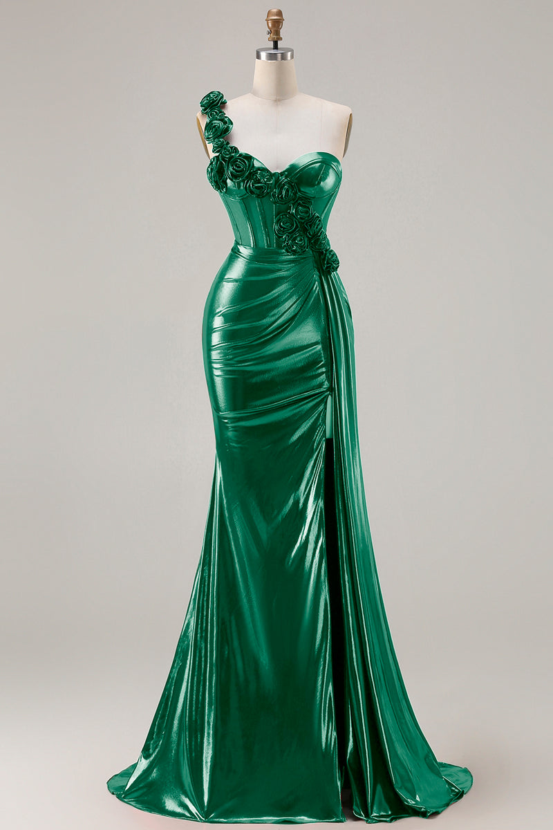 Load image into Gallery viewer, Sparkly Red Ruched Metallic Long Corset Prom Dress with 3D Flowers