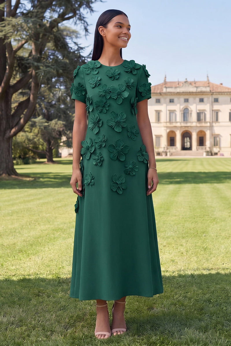 Load image into Gallery viewer, Dark Green A Line Floral Round Neck Maxi Formal Dress with Sleeves