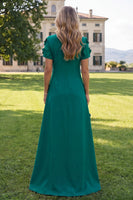 Load image into Gallery viewer, Round Neck Blue Floral A Line Long Formal Dress with Sleeves