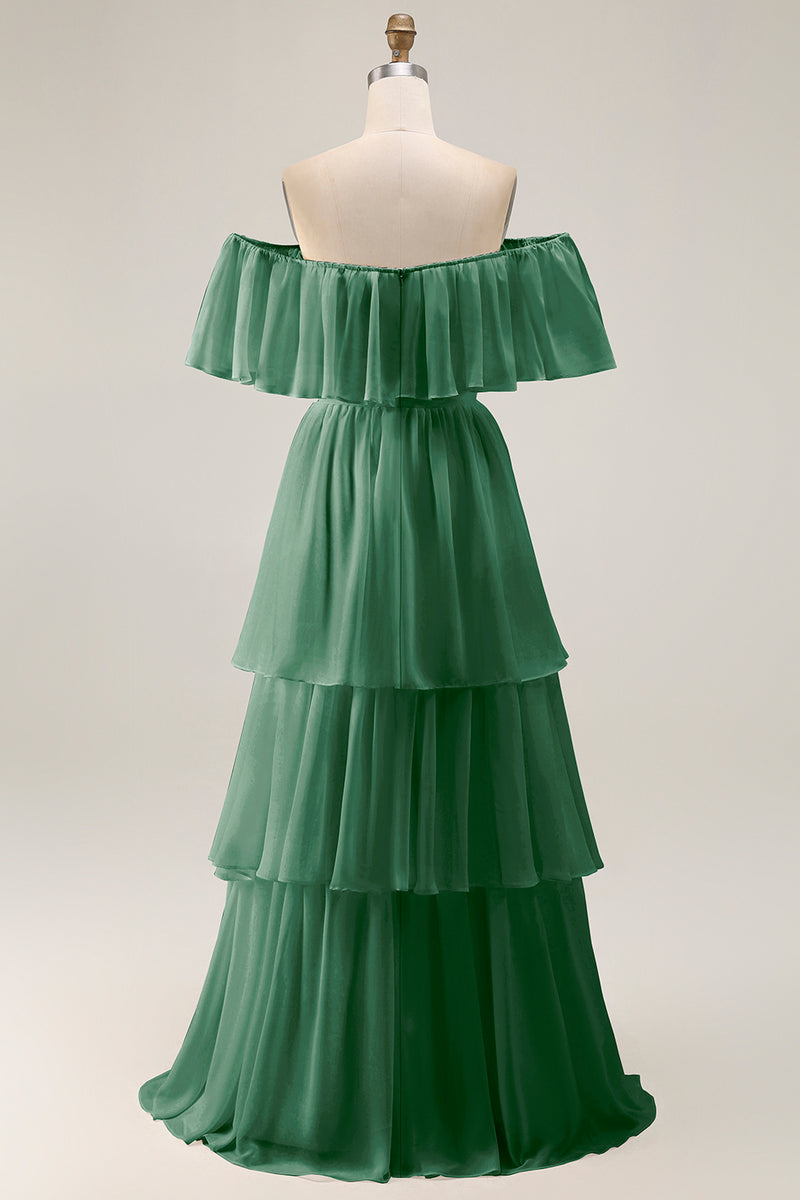 Load image into Gallery viewer, White Chiffon Off the Shoulder Tiered Boho Sweep Train Wedding Dress