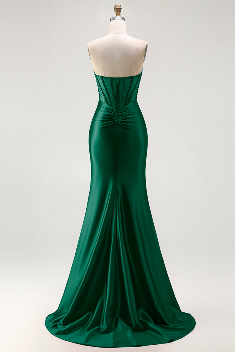 Load image into Gallery viewer, Sparkly Red Mermaid Satin Beaded Long Corset Prom Dress with Slit