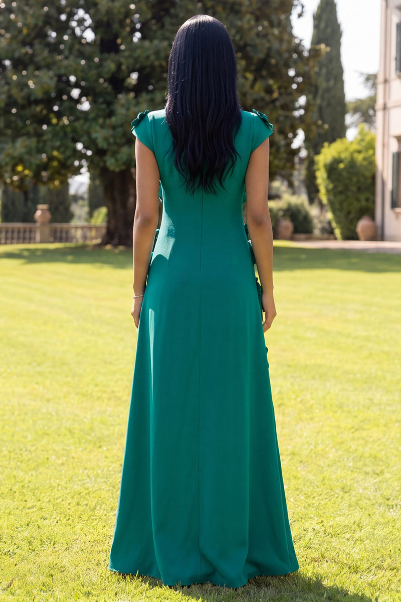 Load image into Gallery viewer, Black Floral A Line Round Neck Long Formal Dress with Sleeves